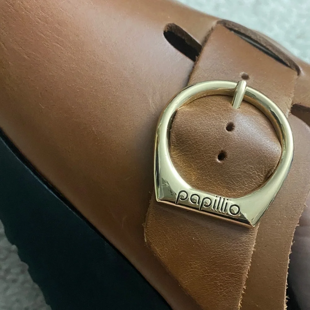 Papillio Tan Leather Clogs with Gold Buckle - Picture 4 of 5